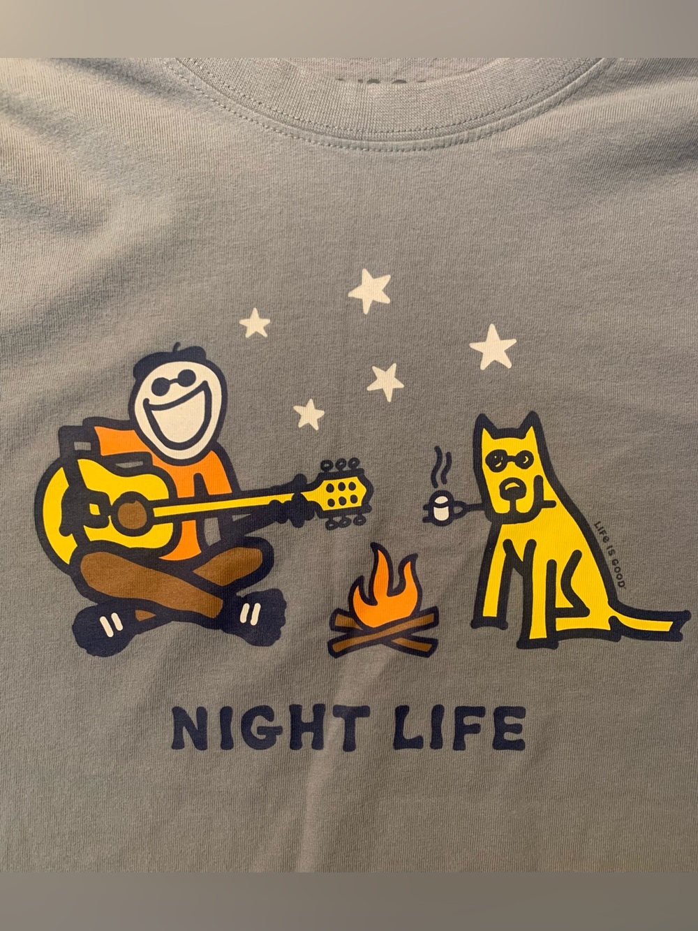 Life Is Good Gray Short Sleeve Tee with Dog Campfire Graphic - Small